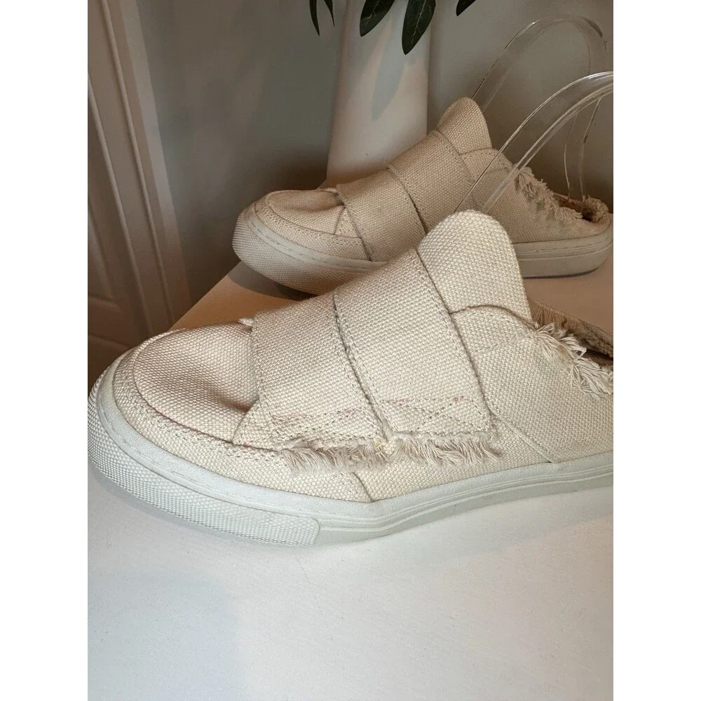 Zara Trafaluc Beige Canvas Raw Edge Mule Sneaker Slip On Shoes Womens Size 7.5